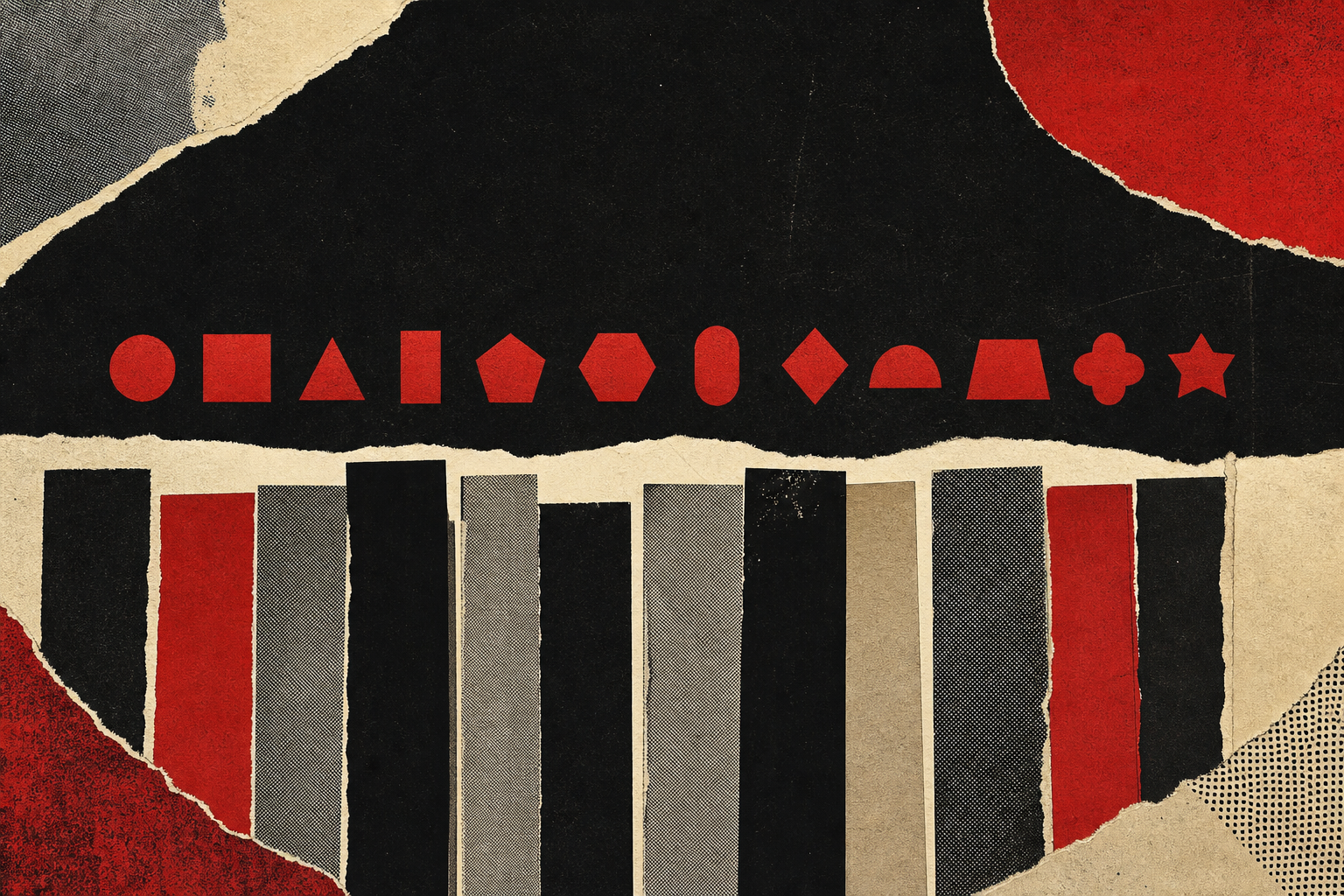 Bold print-style editorial collage with torn paper, halftone texture, abstract album shapes, and twelve chart markers